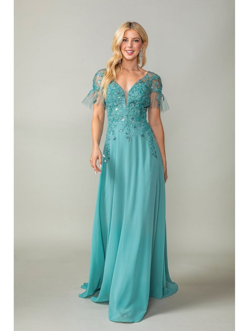 NEW SAGE Embroidered V-Neck Prom Gown Floor Length Formal Elegant 4378
